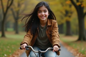 A 17-year-old teenage girl named Kira, very pretty, athletic,
Long black hair, a few strands disheveled and fluttering in the wind.
Large green eyes, wide open, with a surprised look at the unknown.
 Worn jeans, gray t-shirt, brown leather jacket, slightly worn, sneakers stained with dust and dirt.

Kira is riding her bike along a park trail. She smiles and enjoys the ride, the wind ruffling her hair. 