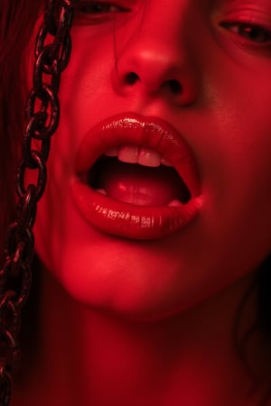 Image is a close-up, high-contrast photograph focusing on the lower half of a person's face. The subject has fair skin with a smooth texture, and the lips are prominently featured, coated in a glossy, vibrant red lipstick that reflects light. The lighting is dramatic, with a strong red hue casting over the entire image, creating a bold and intense atmosphere. A black chain is draped across the left side of the image, adding a contrasting texture and color to the composition. The overall style is edgy and artistic, emphasizing the interplay of light, color, and texture.