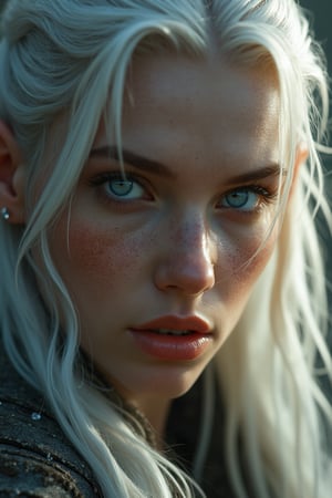 A stunning, hyper-realistic close-up captures the face of a beautiful elven swordswoman, poised for battle. Her intense, beautiful pale blue eyes reflect a fierce resolve, shining with both quiet strength and an underlying vulnerability. The sharp, delicate features of her face are framed by long, sleek white hair, slightly tousled, with strands falling over one eye, adding to her mysterious allure. Her expression is a mesmerizing mix of determination and fragility, capturing the duality of a warrior ready to fight yet imbued with an ethereal, almost otherworldly beauty. Soft beads of sweat cling to her flawless, pale skin, subtly glowing in the dramatic side lighting that enhances every detail.
The lighting casts intricate shadows across her face, highlighting the contours of her high cheekbones and the softness of her lips, which tremble slightly with tension. There’s a moody, atmospheric glow surrounding her, blending the ethereal elements of a fantasy world with the timeless elegance of modern fashion. Her gaze is piercing yet distant, as if contemplating both the battle before her and the weight of her existence. The overall style evokes a luminous blend of John Anster Fitzgerald’s dreamy fantasy elements, Alphonse Mucha’s intricate nature-inspired details, and Rembrandt’s mastery of light and shadow, creating a hauntingly beautiful, cinematic moment.