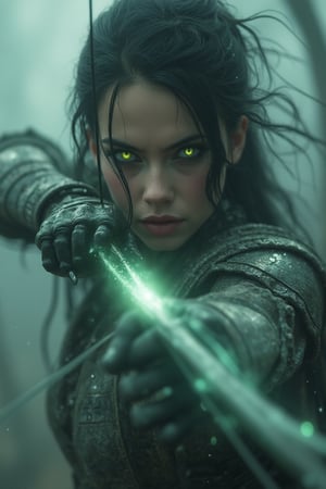 (in Krenz Cushart style:1.2), high-quality, masterpiece, A phantom archer, her face locked in a fierce determined expression, with her glowing eyes piercing through the mist, The camera is positioned in a tight close-up capturing her intense gaze as she draws back a shimmering spectral arrow, her translucent hands steady on the bowstring, Her cracked stone armor and flowing mist ripple across her face, the swirling fog creates an eerie glow around her, In the background spectral trees and drifting souls are blurred creating an ominous otherworldly depth, high contrast, dramatic close-up, motion blur, eerie lighting, cinematic shot, (elaborate fine details:1.1), (elaborately detailed attire with extraordinary elements:1.1), (hyperdetailed:1.1), (intricate details:1.0), (Refined details:1.1), (best quality:1.1), (high resolution:1.2)