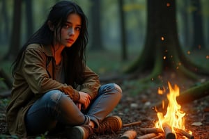 A 17-year-old teenage girl named Kira, very pretty, athletic,
Long black hair, a few strands disheveled and fluttering in the wind.
Large green eyes, wide open, with a surprised look at the unknown.
 Worn jeans, gray t-shirt, brown leather jacket, slightly worn, sneakers stained with dust and dirt.

Kira, exhausted after the battle, finds a secluded spot in the forest and builds a fire. She sits on the ground with her arms around her knees and watches the flames dancing. Her face is illuminated by the soft light of the fire and reflects a mixture of fatigue and relief. Kira feels the tension slowly leave her body, and she begins to realize what she has just experienced. She recalls the moments of the battle, her new magical power, and everything she had to overcome. All around her, the forest is filled with the quiet sounds of the night: the rustling of leaves, the singing of night birds, and the flickering of glowing creatures. Kira closes her eyes and takes a deep breath, savoring the moment of peace. She knows that new challenges lie ahead of her, but right now she just wants to rest and regain her strength for the next leg of her journey.
