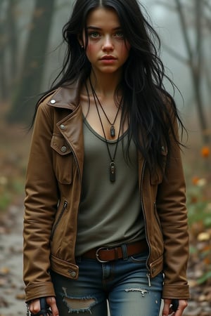 A 17-year-old teenage girl named Kira, very pretty, athletic,
Long black hair, a few strands disheveled and fluttering in the wind.
Large green eyes, wide open, with a surprised look at the unknown.
 Worn jeans, gray t-shirt, brown leather jacket, slightly worn, sneakers stained with dust and dirt.
A mixture of fear, curiosity, and determination.
