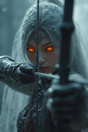 (in Krenz Cushart style:1.2), high-quality, masterpiece, A phantom archer, her face locked in a fierce determined expression, with her glowing eyes piercing through the mist, The camera is positioned in a tight close-up capturing her intense gaze as she draws back a shimmering spectral arrow, her translucent hands steady on the bowstring, Her cracked stone armor and flowing mist ripple across her face, the swirling fog creates an eerie glow around her, In the background spectral trees and drifting souls are blurred creating an ominous otherworldly depth, high contrast, dramatic close-up, motion blur, eerie lighting, cinematic shot, (elaborate fine details:1.1), (elaborately detailed attire with extraordinary elements:1.1), (hyperdetailed:1.1), (intricate details:1.0), (Refined details:1.1), (best quality:1.1), (high resolution:1.2)