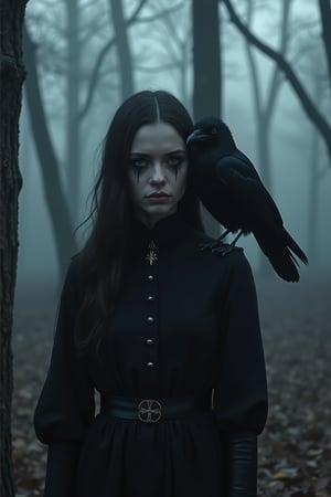 A young sad girl with dark circles under her eyes, a raven sits on her shoulder. Victorian fashion, black garment. Girl standing near trees without leaves, dusk, fog (epic dark fantasy style) ne0nfant4sy