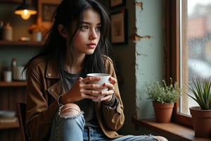 A 17-year-old teenage girl named Kira, very pretty, athletic,
Long black hair, a few strands disheveled and fluttering in the wind.
Large green eyes, wide open, with a surprised look at the unknown.
 Worn jeans, gray t-shirt, brown leather jacket, slightly worn, sneakers stained with dust and dirt.

Kiraa is sitting in a cozy coffee shop, she holds a cup of coffee in her hands and looks out the window, immersed in her thoughts.