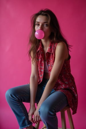 A teenage girl a whimsical air, perched upon a stool, exudes an aura of nonchalant cool. Her pose, a study in contrasts â relaxed yet poised, casual yet captivating. Capture the scene with a dynamic three-quarter shot, emphasizing the interplay of light and shadow, the glossy sheen of blown bubble gum catching the light. The background, a vibrant magenta, should bleed slightly into the foreground, hinting at the fluidity of the moment. Imagine the subtle scent of bubblegum and the faint hum of city life in the air.ot, model-like features, natural beauty, minimal makeup, youthful charm,