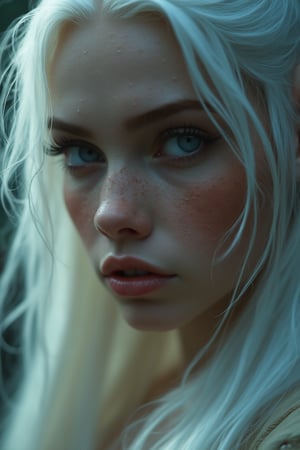 A stunning, hyper-realistic close-up captures the face of a beautiful elven swordswoman, poised for battle. Her intense, beautiful pale blue eyes reflect a fierce resolve, shining with both quiet strength and an underlying vulnerability. The sharp, delicate features of her face are framed by long, sleek white hair, slightly tousled, with strands falling over one eye, adding to her mysterious allure. Her expression is a mesmerizing mix of determination and fragility, capturing the duality of a warrior ready to fight yet imbued with an ethereal, almost otherworldly beauty. Soft beads of sweat cling to her flawless, pale skin, subtly glowing in the dramatic side lighting that enhances every detail.
The lighting casts intricate shadows across her face, highlighting the contours of her high cheekbones and the softness of her lips, which tremble slightly with tension. There’s a moody, atmospheric glow surrounding her, blending the ethereal elements of a fantasy world with the timeless elegance of modern fashion. Her gaze is piercing yet distant, as if contemplating both the battle before her and the weight of her existence. The overall style evokes a luminous blend of John Anster Fitzgerald’s dreamy fantasy elements, Alphonse Mucha’s intricate nature-inspired details, and Rembrandt’s mastery of light and shadow, creating a hauntingly beautiful, cinematic moment.