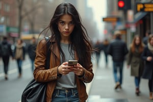 A 17-year-old teenage girl named Kira, very pretty, athletic,
Long black hair, a few strands disheveled and fluttering in the wind.
Large green eyes, wide open, with a surprised look at the unknown.
 Worn jeans, gray t-shirt, brown leather jacket, slightly worn, sneakers stained with dust and dirt.

Kira walks down a busy city street, she carries a black bag over her shoulder and looks at her smartphone, checking her messages.