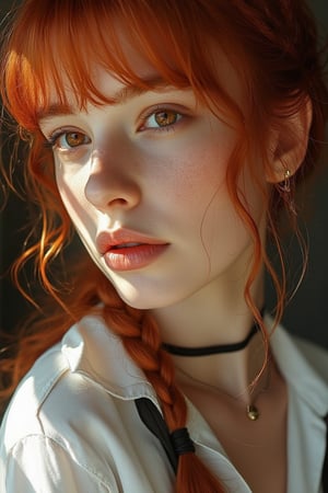 an ultra-realistic close-up image of a red-haired woman with bangs, warm, amber eyes and a relaxed, introspective expression. Her hair is neatly braided and drapes over her shoulder, catching the sunlight that filters through an unseen window, giving her hair a rich, fiery glow. Her attire consists of a slightly unbuttoned white shirt that hints at an easygoing, yet polished style, with a black tie hanging loosely around her neck and a slim black choker accentuating her neckline. Her fair skin is illuminated by the soft, natural light, highlighting the faint blush on her cheeks and the fine details of her complexion. The background should be minimal, softly blurred to keep the focus on her expressive face and the gentle interplay of light and shadow. The overall mood is calm and intimate, with a focus on achieving a high level of photorealism that captures every detail, from the texture of her skin to the delicate strands of her hair.