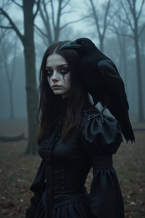 A young sad girl with dark circles under her eyes, a raven sits on her shoulder. Victorian fashion, black garment. Girl standing near trees without leaves, dusk, fog (epic dark fantasy style) ne0nfant4sy