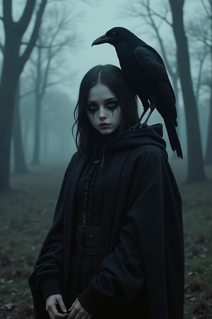 A young sad girl with dark circles under her eyes, a raven sits on her shoulder. Victorian fashion, black garment. Girl standing near trees without leaves, dusk, fog (epic dark fantasy style) ne0nfant4sy