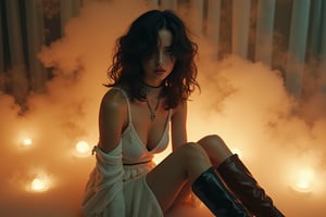 (best quality, ultra-detailed, hyper realistic, 8K, masterpiece), a moody, atmospheric shot featuring a girl with striking features sitting amidst a glowing misty, dreamlike background. Soft, ambient lighting wraps around her, highlighting her porcelain skin and a white knitted dress with delicate straps framing her bust. Her curly hair cascades over one eye, adding to the mysterious vibe, as she gazes directly at the camera with a hint of mischief in her expression.

A oxidized silver choker adorns her neck, enhancing the air of mystery, while high-heeled boots elongate her legs, creating an elegant yet edgy look. Her amber lipstick sharply defines her lips, and dark eye shadow adds depth to her piercing gaze, giving her an alluring, captivating presence. The entire scene is set against a soft, ethereal haze, adding to the surreal and dreamlike atmosphere, making the composition both moody and visually mesmerizing.
