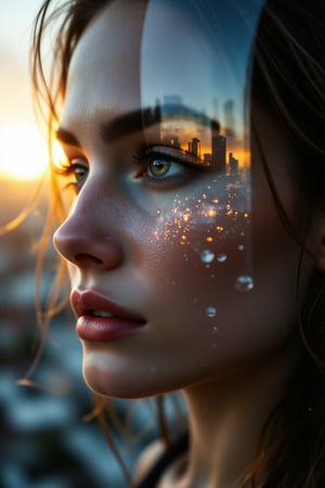 A face merging in with a cityscape, blend into a sunrise, urban, personal, detailed features, warm light, surreal, reflection, identity, journey, morning, buildings, glow, harmony, ethereal , aidmaMJ6.1, aidmafluxpro1.1, aidmaHyperrealism