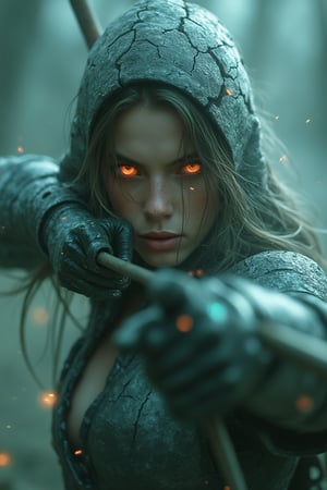 (in Krenz Cushart style:1.2), high-quality, masterpiece, A phantom archer, her face locked in a fierce determined expression, with her glowing eyes piercing through the mist, The camera is positioned in a tight close-up capturing her intense gaze as she draws back a shimmering spectral arrow, her translucent hands steady on the bowstring, Her cracked stone armor and flowing mist ripple across her face, the swirling fog creates an eerie glow around her, In the background spectral trees and drifting souls are blurred creating an ominous otherworldly depth, high contrast, dramatic close-up, motion blur, eerie lighting, cinematic shot, (elaborate fine details:1.1), (elaborately detailed attire with extraordinary elements:1.1), (hyperdetailed:1.1), (intricate details:1.0), (Refined details:1.1), (best quality:1.1), (high resolution:1.2)