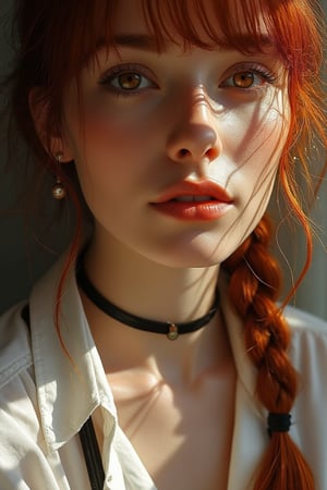 an ultra-realistic close-up image of a red-haired woman with bangs, warm, amber eyes and a relaxed, introspective expression. Her hair is neatly braided and drapes over her shoulder, catching the sunlight that filters through an unseen window, giving her hair a rich, fiery glow. Her attire consists of a slightly unbuttoned white shirt that hints at an easygoing, yet polished style, with a black tie hanging loosely around her neck and a slim black choker accentuating her neckline. Her fair skin is illuminated by the soft, natural light, highlighting the faint blush on her cheeks and the fine details of her complexion. The background should be minimal, softly blurred to keep the focus on her expressive face and the gentle interplay of light and shadow. The overall mood is calm and intimate, with a focus on achieving a high level of photorealism that captures every detail, from the texture of her skin to the delicate strands of her hair.