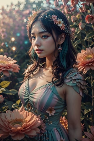 woman, flower dress, colorful, darl background,flower armor,green theme,exposure blend, medium shot, bokeh, (hdr:1.4), high contrast, (cinematic, teal and orange:0.85), (muted colors, dim colors, soothing tones:1.3), low saturation,