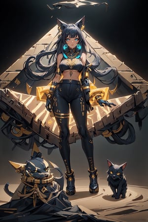 masterpiece, ultra hd, 8k,hdr, dynamic , blue eyes , hyper realistic, detailed background, finely detailed_body, big_boobs , fullbody,1girl, very long hairstyle, (dark blue hair color:1.2), (bright eyes:1.1), | symetrical crown, egyptian, egyptian clothes , egypt godess ,egypt , hecate , fox_ears , seethru , Animal ear, perfecteyes , ,Detailedface,Detailedeyes,mechanical_arms,cybernetic_enhancements,GlowingRunes_yellow,dessert,sand,ActionFigureQuiron style,Cyber_Egypt,Building_Egyptian