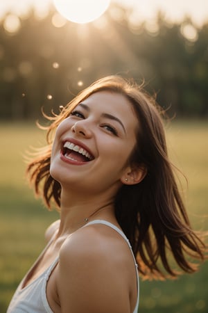 1girl, upper body, (huge Laughing),sweety,sun glare, bokeh, depth of field, blurry background, light particles, strong wind,head tilt,simple background, red background,