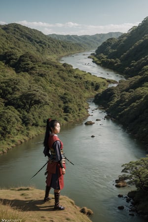 xyzsanart01,full body image,a female samurai standing proud on top of a hill overlooking a great river that flows between two dramatic landscapes,WaterAI