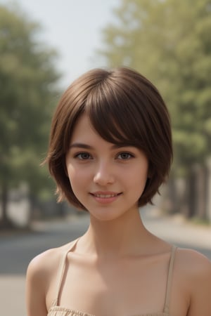 Raccoon girl, ears, brown pixie cut hair, tanned skin, middle school uniform, smile: 0.8, Avatar, brown: 1.2, pale light, upper body, Simple background, flat background, pale background, light brown tone, (masterpiece, top quality, super detailed, high resolution, highly detailed)
