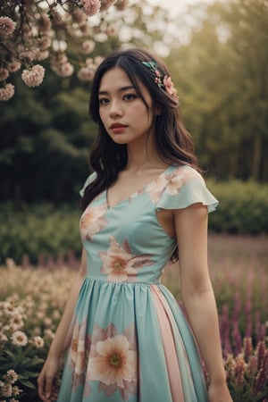 woman, flower dress, colorful, darl background,flower armor,green theme,exposure blend, medium shot, bokeh, (hdr:1.4), high contrast, (cinematic, teal and orange:0.85), (muted colors, dim colors, soothing tones:1.3), low saturation,