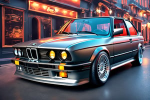 Neo-Rococo, Retro-themed illustration, (Gunmetal Grey BMW E30 Mtech:1.3) with a vintage twist, (Old-school cool:1.3), (Classic lines:1.2), (Nostalgic charm:1.2), BREAK, (backdrop backdrop:1.3), (Retro vibes:1.3), (Neon signs:1.2), (Vibrant atmosphere:1.2), Created with a retro touch, Timeless color palette, Distinctive details, curved forms, naturalistic ornamentation, elaborate, decorative, gaudy, Neo-Rococo, volumetric, fog, smoke
,steampunk style,DonMCyb3rN3cr0XL ,cyborg style