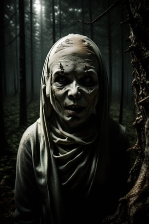 (((Setan pocong))) with a menacing expression, emerging from the shadows in a dimly lit forest. The scene is captured realistically, resembling a suspenseful horror movie still. The ((forest background)) should have a natural but eerie ambiance. Shot with a (((70mm lens))), providing a focused yet atmospheric view.