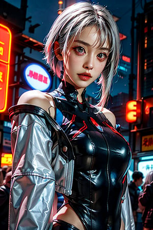 lucy \(cyberpunk\), 1girl, 20 years old beautiful Japanese, skinny, bangs, white off shoulders jacket, bare shoulders,  black leotard, blurry, bob cut, breasts, clothing cutout, cropped jacket, cyberpunk edgerunners, building, neon:1.8, cyberpunk:1.2, sci-fi:1.2, futuristic:1.2, cyberpunk edgerunners cityscape depth of field, gradient eyes, grey eyes, grey hair, jacket, leotard, lips, long sleeves, looking at viewer, small breasts, multicolored eyes, multicolored hair, night, night sky, off shoulder, open clothes, open jacket, outdoors, seductive smile, close up to face, parted lips, red eyeliner, science fiction, short hair with long locks,  sidelocks, sky, solo, standing, teeth, upper teeth only, white jacket, cyberpunk \(series\), cyberpunk edgerunners,LUCY \(CYBERPUNK\),Real,cbpkv5, bright lighting 