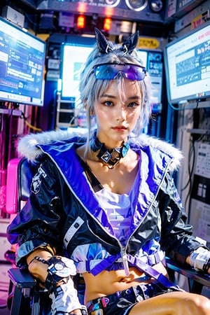 masterpiece, best quality, highres, extremely detail, photorealistic,

sliver wolf /(honkai:star rail/), 1girl, grey hair, long hair, jacket, (looking at viewer:1.2), shorts,fur trim jacket,sunglasses, navel, (ulzzang-6500:0.65), smooth chin, upper body, sunglasses, bunny ears, shorts, cold face

sitting on gaming chair, leaning on gaming chair, (black gaming chair:1.2), relax pose

futuristic computers, (hologram:1.2), scifi room, cyberpunk room, neon room, neon, blue magenta light, dark studio