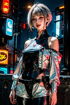 lucy \(cyberpunk\), 1girl, 20 years old beautiful Japanese, skinny, bangs, white off shoulders jacket, bare shoulders, belt, black belt, black leotard, black pants, blurry, bob cut, breasts, clothing cutout, cropped jacket, cyberpunk edgerunners, building, neon:1.8, cyberpunk:1.2, sci-fi:1.2, futuristic:1.2, cyberpunk edgerunners cityscape depth of field, gradient eyes, grey eyes, grey hair, jacket, leotard, lips, long sleeves, looking at viewer, small breasts, multicolored eyes, multicolored hair, night, night sky, off shoulder, open clothes, open jacket, outdoors, pants, seductive smile, erotic pose, parted lips, red eyeliner, science fiction, short hair with long locks, short shorts, shorts, sidelocks, sky, solo, standing, teeth, thigh cutout, upper teeth only, white jacket, white shorts, cyberpunk \(series\), cyberpunk edgerunners,LUCY \(CYBERPUNK\),Real,cbpkv5, bright lighting 