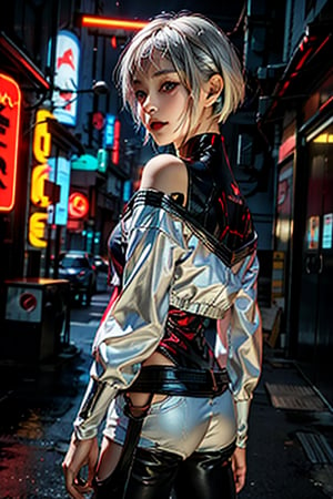 lucy \(cyberpunk\), 1girl, 20 years old beautiful Japanese, skinny, bangs, white off shoulders jacket, bare shoulders, belt, black belt, black leotard, black pants, blurry, bob cut, breasts, clothing cutout, cropped jacket, cyberpunk edgerunners, building, neon:1.8, cyberpunk:1.2, sci-fi:1.2, futuristic:1.2, cyberpunk edgerunners cityscape depth of field, gradient eyes, grey eyes, grey hair, jacket, leotard, lips, long sleeves, looking at viewer, small breasts, multicolored eyes, multicolored hair, night, night sky, off shoulder, open clothes, open jacket, outdoors, pants, seductive smile, erotic side pose, view from side, parted lips, red eyeliner, science fiction, short hair with long locks, short shorts, shorts, sidelocks, sky, solo, standing, teeth, thigh cutout, upper teeth only, white jacket, white shorts, cyberpunk \(series\), cyberpunk edgerunners,LUCY \(CYBERPUNK\),Real,cbpkv5, bright lighting 