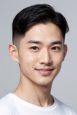 asian men, undercut, close-up, smile, (white tshirt), (pastel grey background)