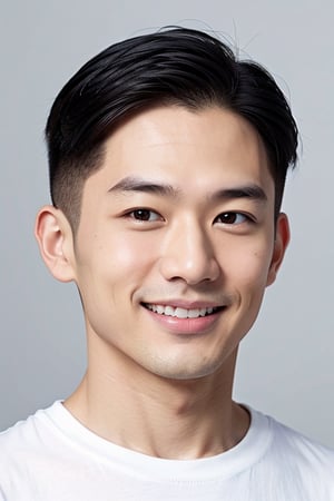 asian men, undercut, close-up, smile, (white tshirt), (pastel grey background)
