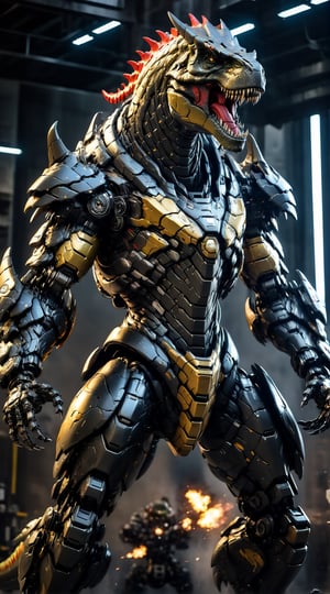 Angry T-rex mecha robo soldier character, anthropomorphic figure, wearing futuristic black  soldier armor and weapons, reflection mapping, realistic figure, hyperdetailed, cinematic lighting photography, 32k uhd with a staff, rgb lighting on suit, 

By: panchovilla,mecha