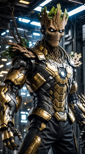 Angry Groot mecha robo soldier character, anthropomorphic figure, wearing futuristic black soldier armor and weapons, reflection mapping, realistic figure, hyperdetailed, cinematic lighting photography, 32k uhd with a golden staff, rgb lighting on suit, 

By: panchovilla,mecha