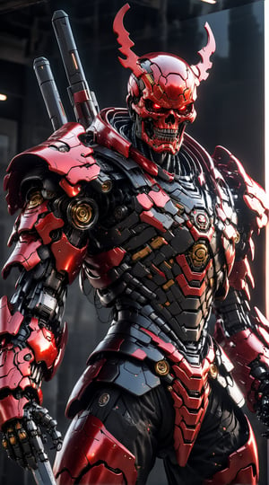 Angry Red Skull mecha robo soldier character, anthropomorphic figure, wearing futuristic black soldier armor and weapons, reflection mapping, realistic figure, hyperdetailed, cinematic lighting photography, 32k uhd with a golden staff, rgb lighting on suit, 

By: panchovilla,mecha