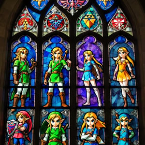 stained glass windows with the legend of zelda characters on them, zelda style art, nintendo game art, stained glass art, legend of zelda, stained glass style, the legend of zelda, stained glass!!, stained glass windows, stained glass, wind waker, stain glass, from legend of zelda, mystical cathedral windows, hyrule, intricate stained glass