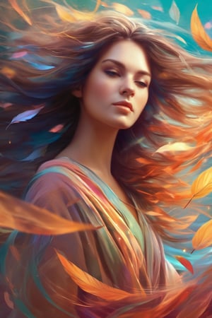 stunning woman, colors on the wind, hair flowing on the wind, leafs on the wind, wind swirls, sparks, beautiful, cute, artwork, digital art, illustration, colorful harmonic, artistic, matte painting, dreamy, fantasy, soft colors