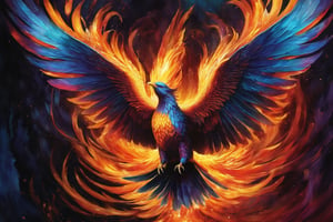 beautiful art, 3d render, hyperdetailed, phoenix bird rising, flame wings, flame feathers, surrounded by sparks, colorful harmonic, oil canvas, watercolor, dark rococco nature, artistic, painting, illustration, masterpiece, dark, detailed, cinematic