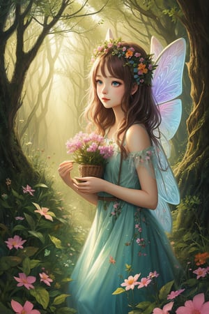 forest fairy, dust sparks, beautiful, cute, spring, artwork, digital art, illustration, colorful harmonic, artistic