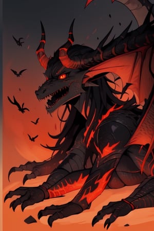 Epic. illustration. 1woman, Dragonborn queen [dragon wings], slim, black_hair, red_eyes, angry_eyes, pretty_face, black_horns, red_scales. Orange_background, background_sky.