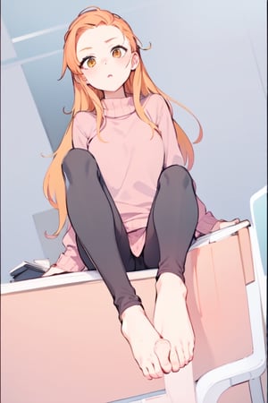 Young lady [Orange hair, pink sweater, black leggings, barefeet] sitting on Office desk