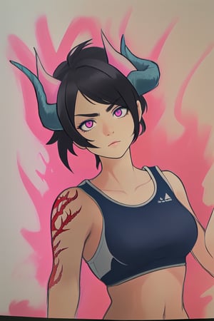 Woman with dragon horns and scales. Fighting pose. Sports clothes