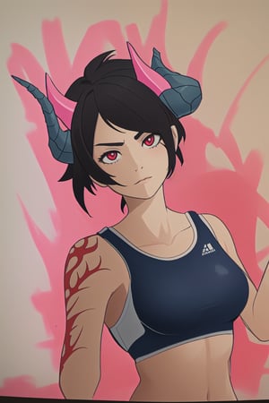 Woman with dragon horns and scales. Fighting pose. Sports clothes