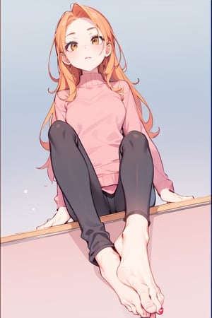 Young lady [Orange hair, pink sweater, black leggings, barefeet] sitting on Office desk