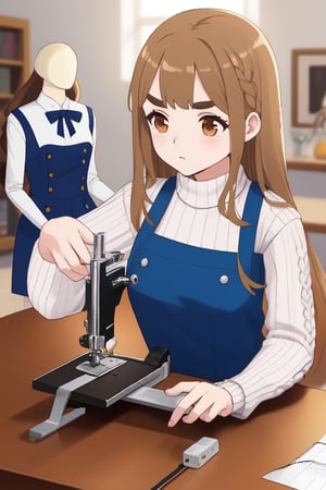 Epic. illustration. Young woman, Chestnut_hair, Brown_eyes, thick_eyebrows, long_hair. Fluffy_sweater. Dressmaking. Table with sewing machince. pastel_colors. Mannequin with blue fancy dress