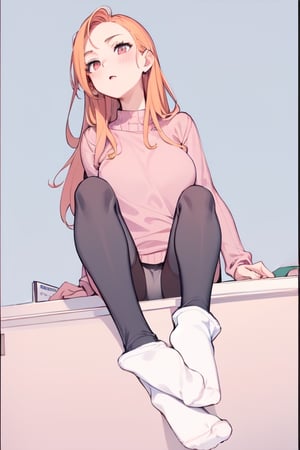 Young lady [Orange hair, pink sweater, black leggings, white socks] sitting on Office desk