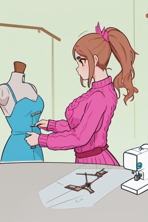 Epic. illustration. Young woman, beautiful Chestnut_hair, Brown_eyes, thick_eyebrows, long_hair. Pink coloured Fluffy_sweater. Dressmaking. Table with sewing machince. pastel_colors. Mannequin with blue fancy dress