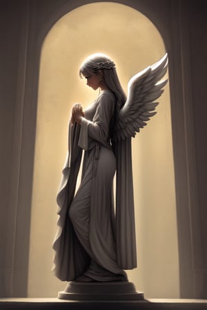 side view of an angel crying into her hands. stood side on.