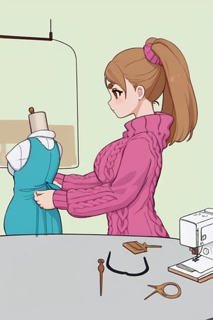 Epic. illustration. Young woman, Chestnut_hair, Brown_eyes, thick_eyebrows, long_hair. Fluffy_sweater. Dressmaking. Table with sewing machince. pastel_colors